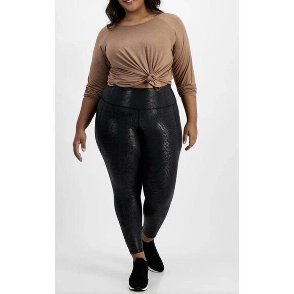 ID Ideology Plus Size Metallic Animal-Print Leggings - Deep Black - Size: 1X - Picture 4 of 6